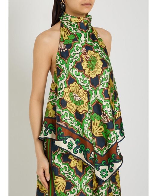 ALÉMAIS Green Liana Printed Halterneck Silk Top