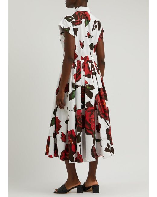 Alexander McQueen Red Floral-print Cotton Midi Dress