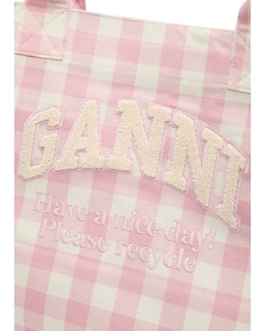 Ganni Pink Vichy Xxl Checked Shopper Canvas Tote