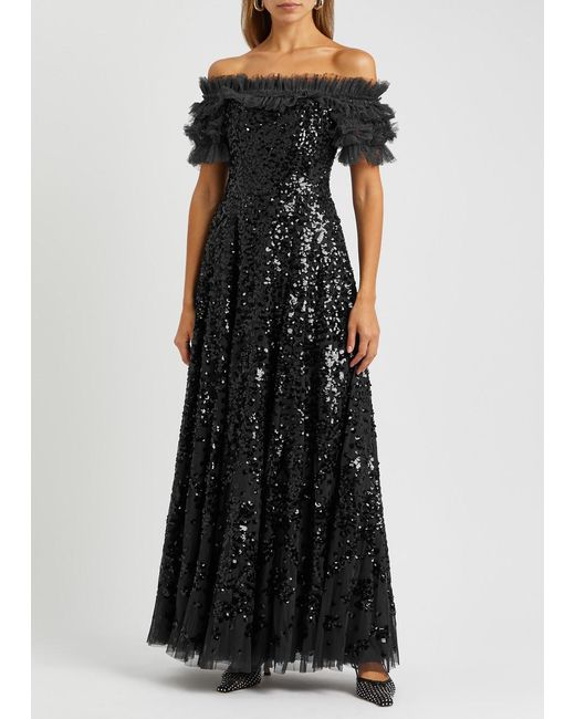 Needle & Thread Black Sequin Wreath Off-the-shoulder Tulle Gown