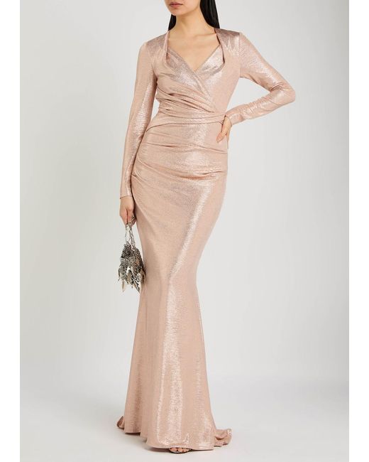 Talbot Runhof Natural Wrap-Effect Lamé Gown