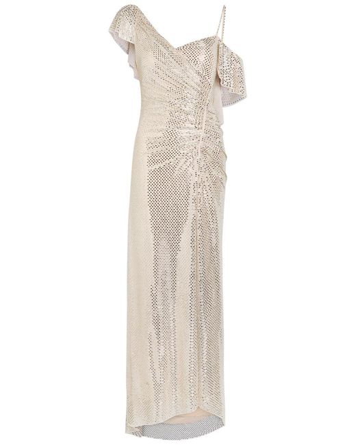 Self-Portrait White Crystal-Embellished Asymmetric Stretch-Tulle Maxi Dress