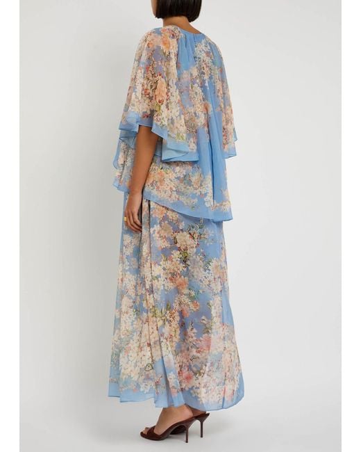 Zimmermann Blue Cascadian Floral-Print Chiffon Maxi Dress
