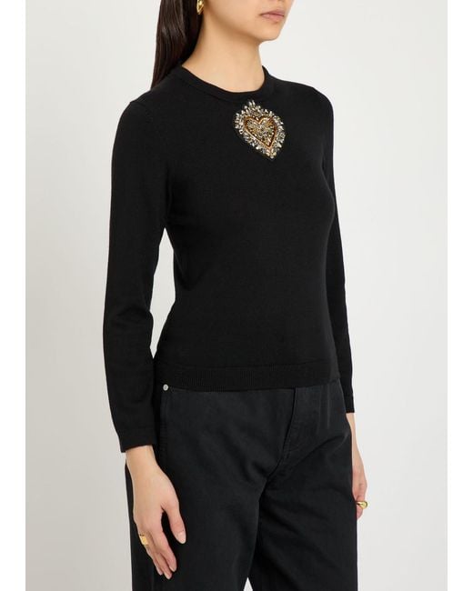 Alice + Olivia Black Porla Embellished Stretch-Wool Top