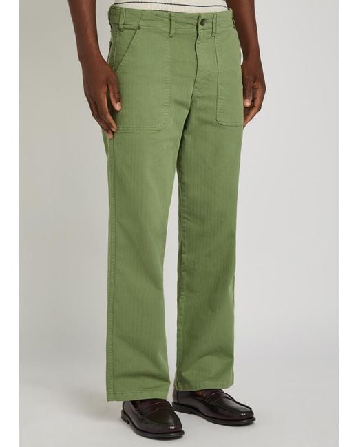 Percival Green Herringbone Straight-Leg Stretch-Cotton Trousers for men