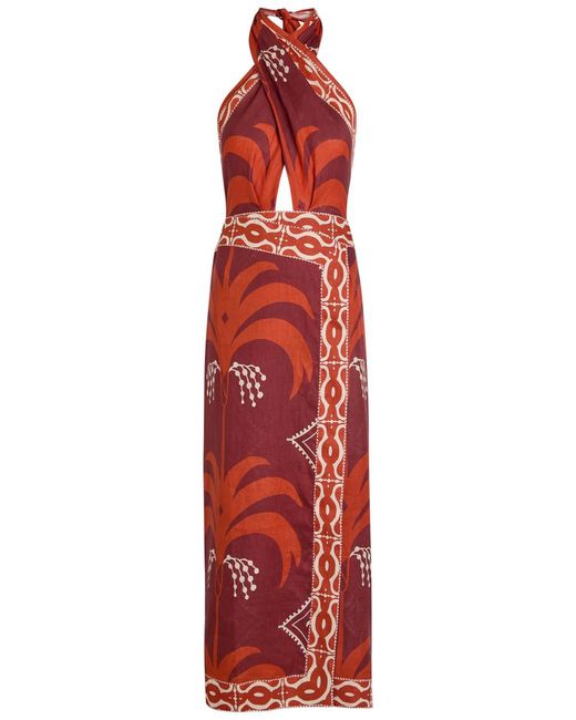Johanna Ortiz Red Buen Viento Halterneck Linen Midi Dress