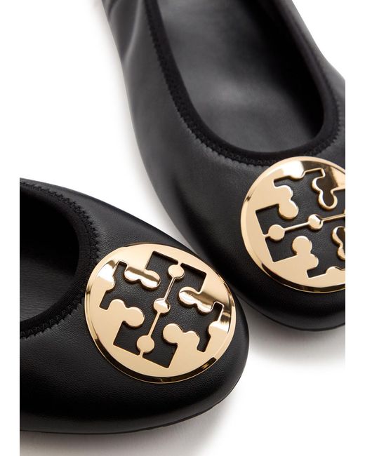 Tory Burch Black Reva Travel Logo Leather Ballet Flats
