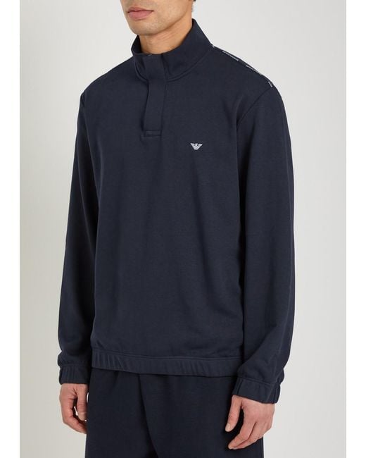 Emporio Armani Blue Logo-Embroidered Half-Zip Cotton-Blend Sweatshirt for men