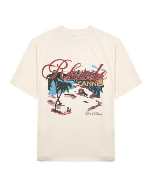 Rhude White Cannes Beach Printed Cotton T-Shirt for men