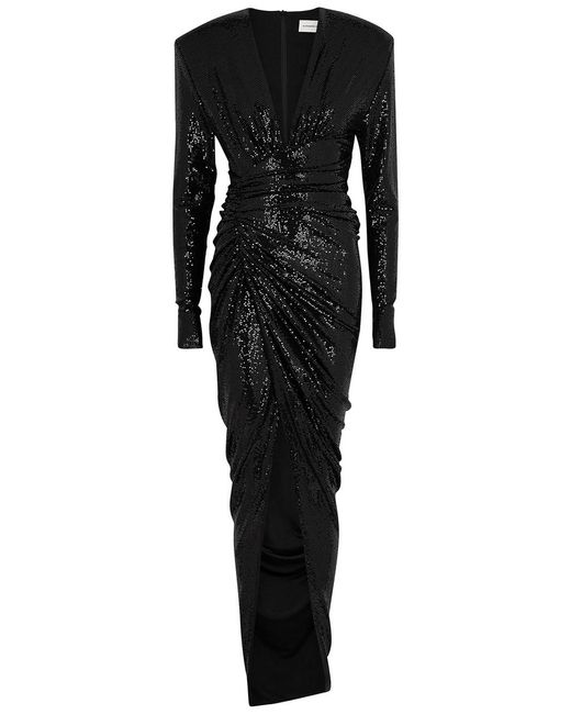 Alexandre Vauthier Black Foil-Print Ruched Gown