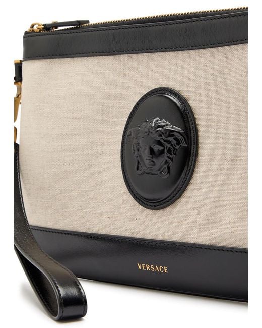 Versace Black Logo-Appliquéd Leather And Canvas Pouch