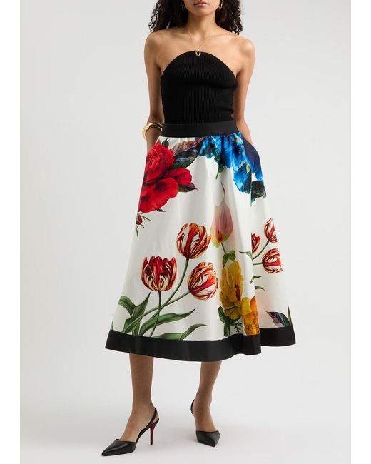 Alice + Olivia Multicolor Earla Floral-Print Stretch-Cotton Midi Skirt