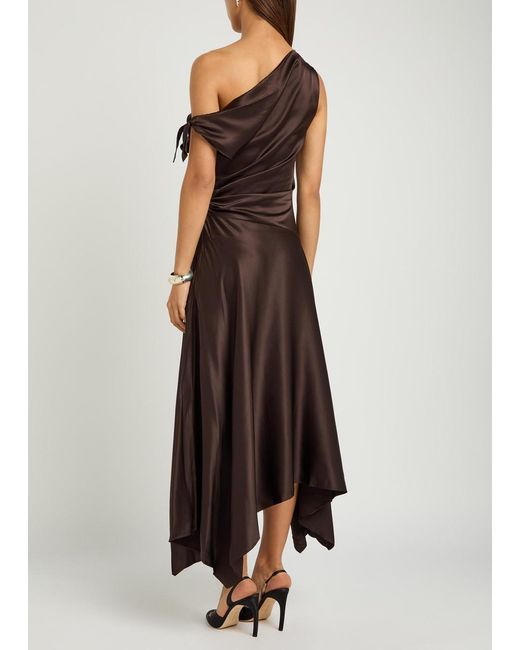 Staud Brown Portia Asymmetric Stretch-Silk Midi Dress