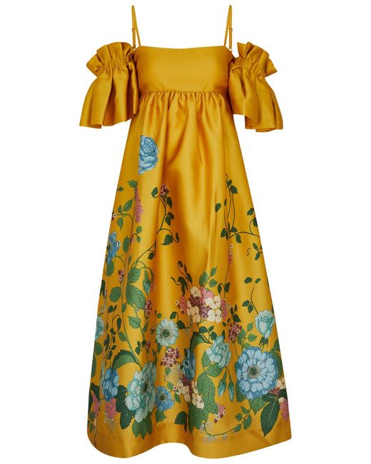 ALÉMAIS Yellow Dana Floral-print Satin Midi Dress