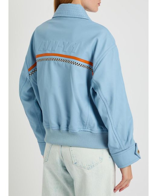 AN-Y1 Blue Cargo Bomber Logo-Embossed Leather Bomber Jacket