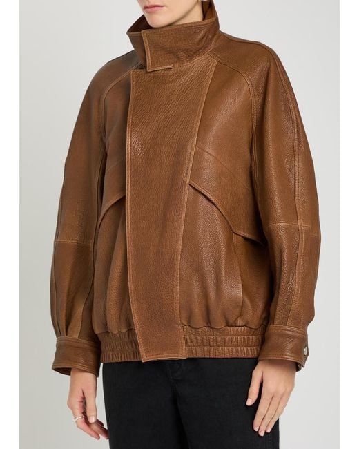 Nour Hammour Brown Ariste Panelled Grained Leather Bomber Jacket