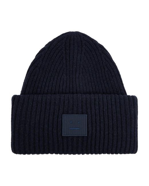 Acne Blue Pansy Logo Ribbed Wool Beanie for men