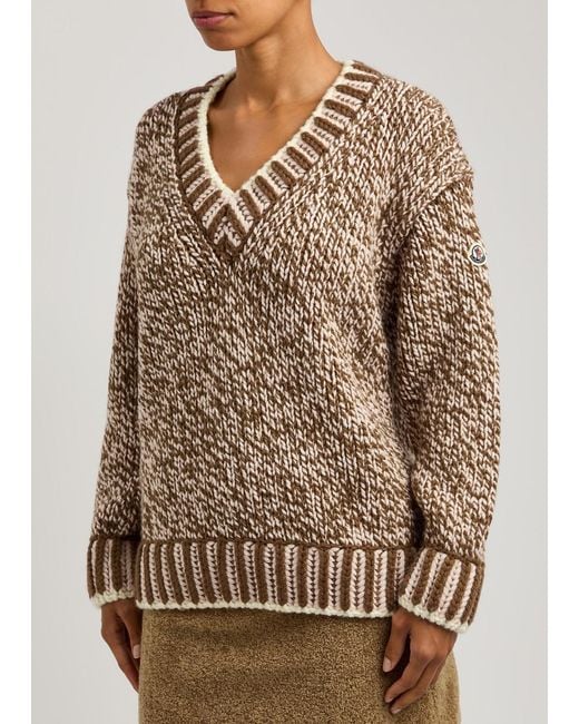 Moncler Natural Ribbed Wool-Blend V-Neck Jumper