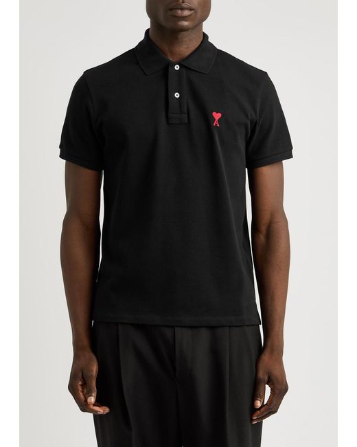 AMI Black Logo-Embroidered Piqué Cotton Polo Shirt for men