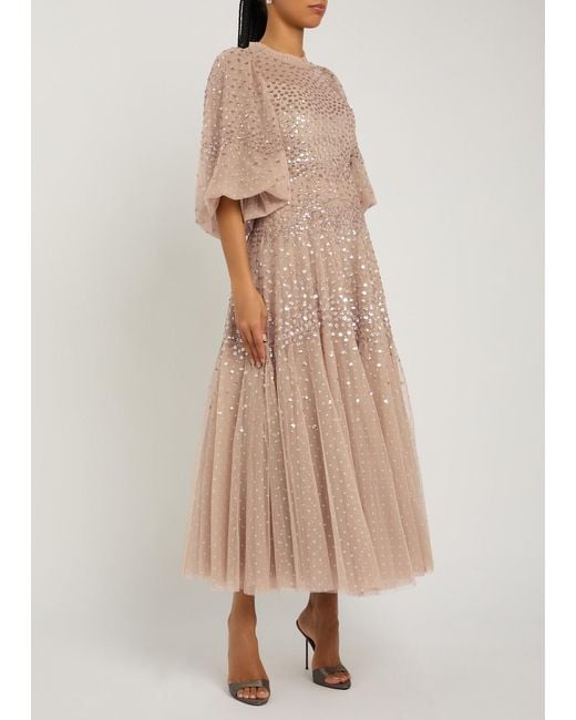 Needle & Thread Natural Sequin-Embellished Tulle Gown
