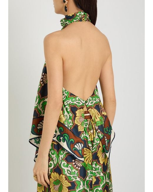ALÉMAIS Green Liana Printed Halterneck Silk Top