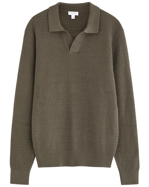Sunspel Green Textured Cotton Polo Jumper for men