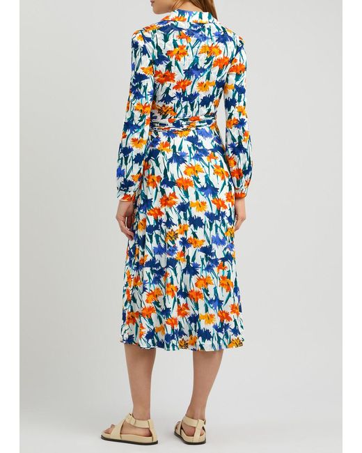 Diane von Furstenberg Blue Phoenix Reversible Printed Tulle Midi Dress