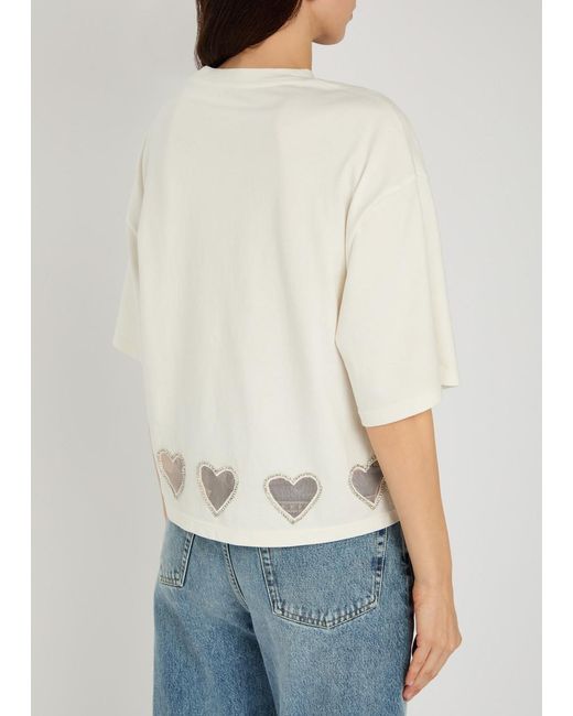 Alice + Olivia White Evan Heart Embellished Cropped Cotton T-Shirt