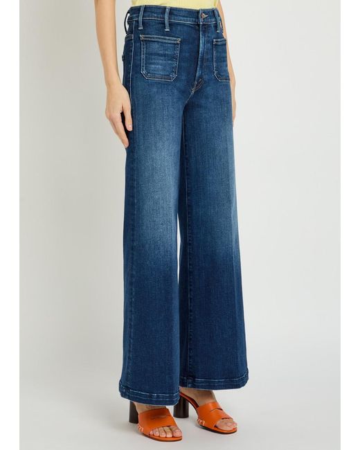 Mother Blue Hustler Roller Skimp Patch Pockets Wide-Leg Stretch-Denim Jeans