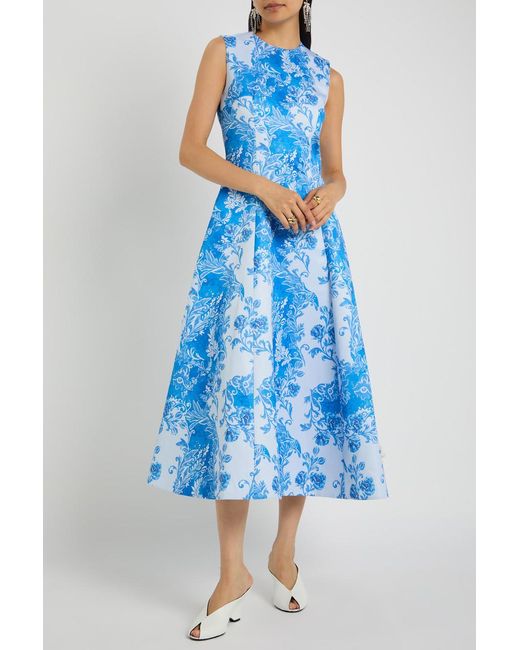 Emilia Wickstead Blue Mara Floral-Print Faille Midi Dress