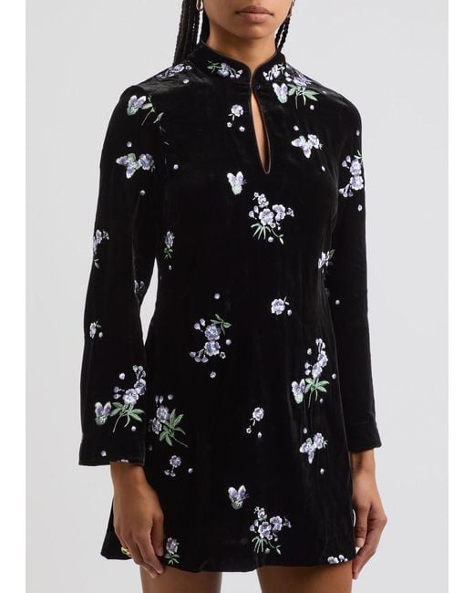 Rixo Black Calla Floral-Embroidered Velvet Mini Dress