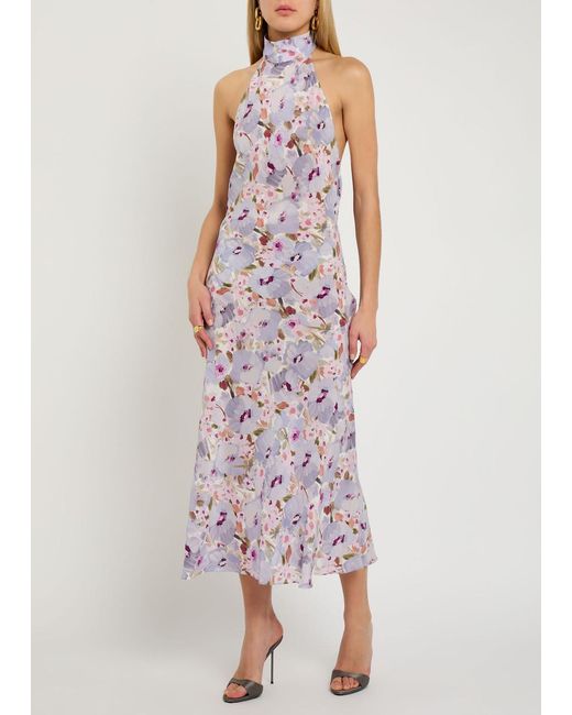 Balmain Purple Poppy Floral-Print Silk Midi Dress