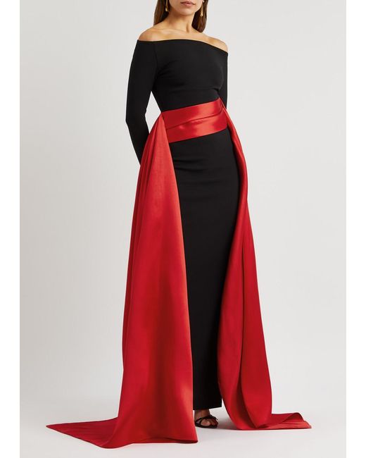 Solace London Red Irma Off-The-Shoulder Draped Gown