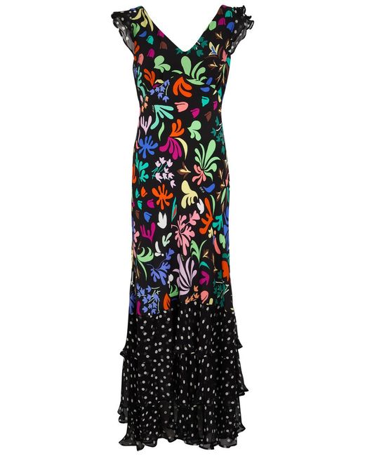 Rixo Black Ossy Printed Silk Maxi Dress