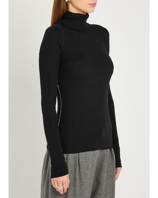Maria McManus Black Ribbed Turtle-Neck Merino Wool Top