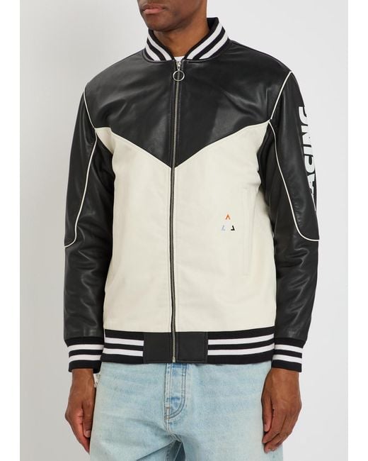 AN-Y1 Black Racing Quilted Colour-Blocked Leather Bomber Jacket for men