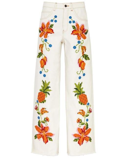 Farm Rio White Floral Embroidered Wide Leg Jeans