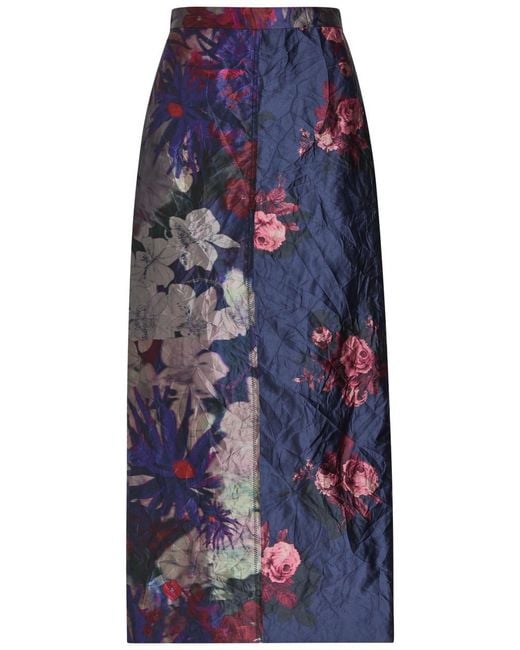 Erdem Blue Floral-Print Textured Satin Midi Skirt
