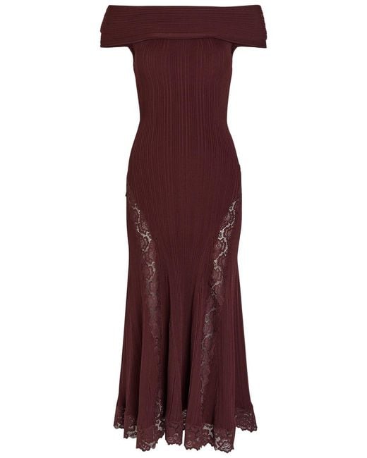Self-Portrait Purple Lace-Trimmed Knit Midi Dress