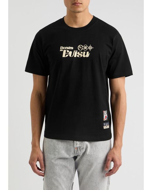 Evisu Black Daicock Printed Cotton T-Shirt for men