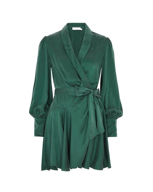 Zimmermann Green Silk-satin Mini Wrap Dress