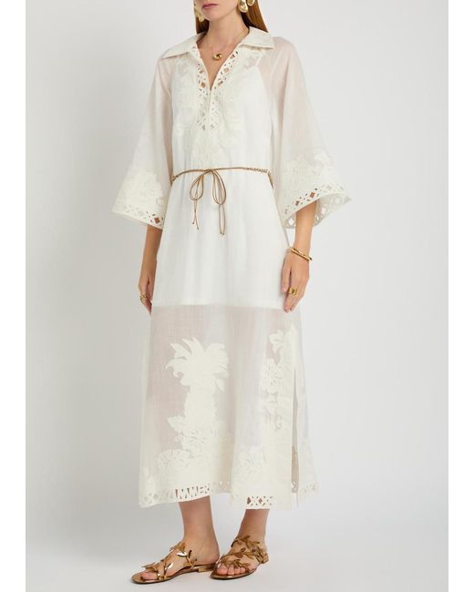 Zimmermann White Indra Embroidered Belted Ramie Maxi Dress