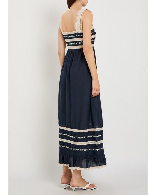 Rixo Blue Malie Lace-Trim Cotton-Blend Midi Dress