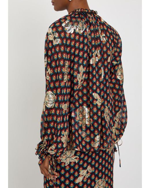 Etro Brown Floral-Embroidered Silk Blouse