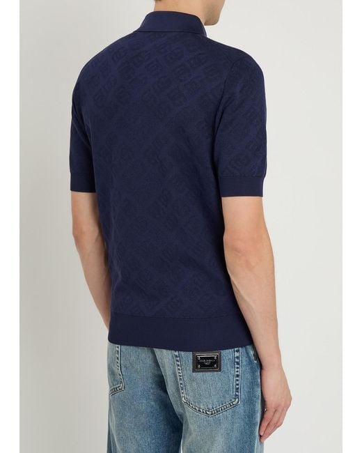 Dolce & Gabbana Blue Logo-Jacquard Silk Polo Shirt for men