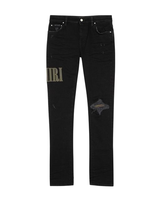 Amiri Kids Logo Distressed Stretch-denim Jeans in Black | Lyst