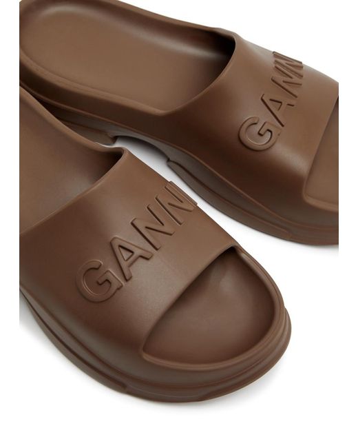 Ganni Brown Logo-embossed Rubber Sliders