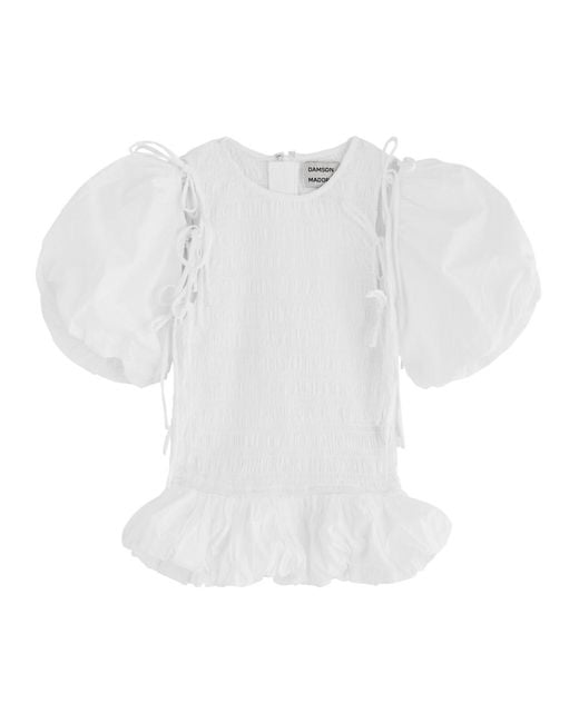 Damson Madder White Becca Smocked Cotton-Poplin Blouse