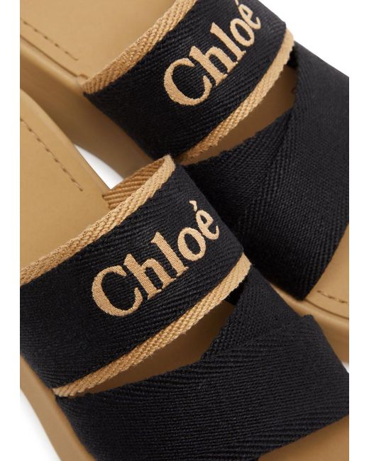 Chloé Black Mila Logo Canvas Flatform Sliders