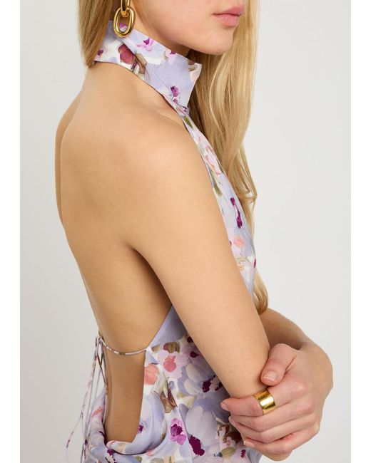 Balmain Purple Poppy Floral-Print Silk Midi Dress
